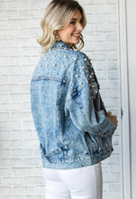 Load image into Gallery viewer, Medium wash denim jacket with pearl and rhinestone detail
