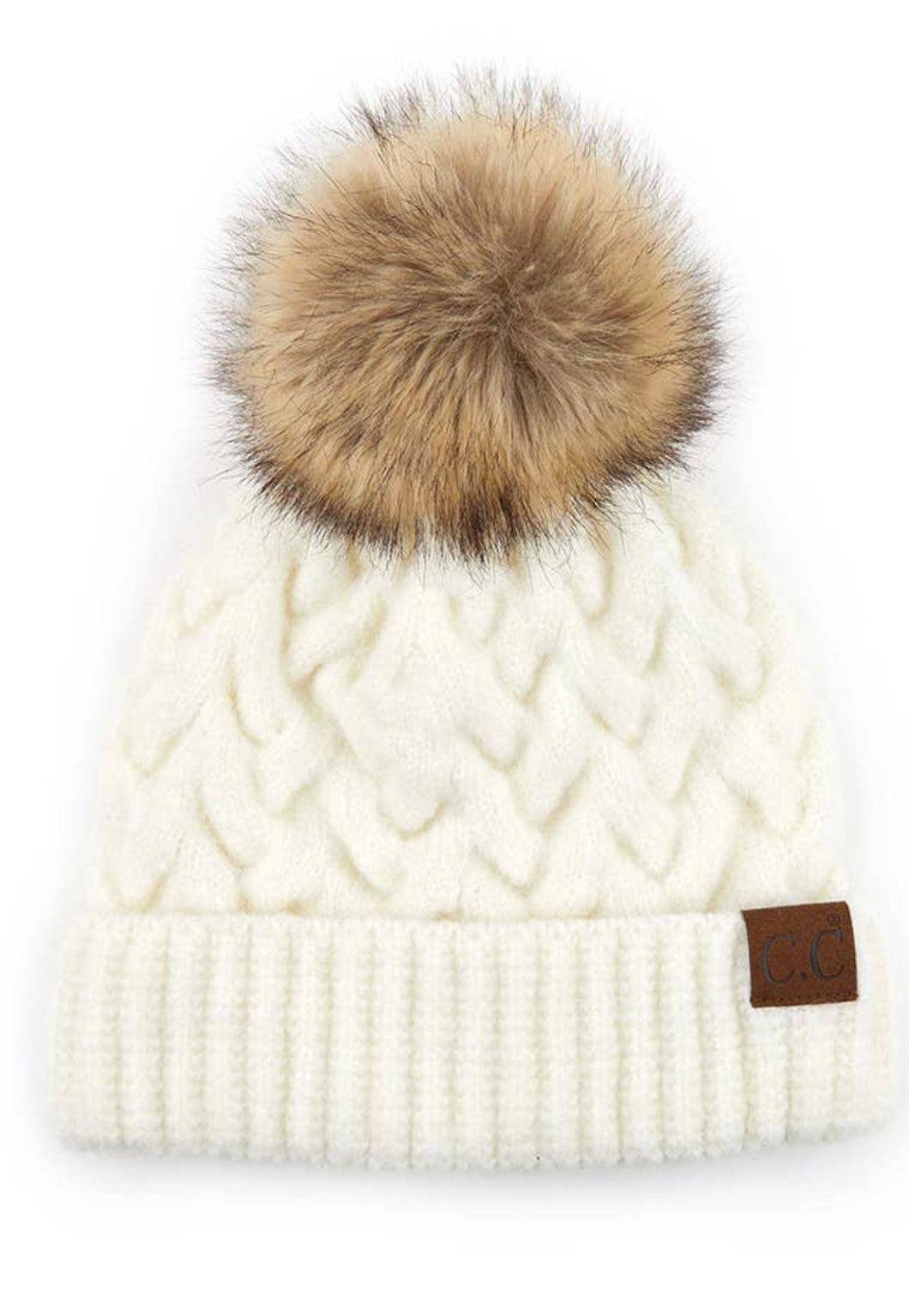 White cable knit beanie
