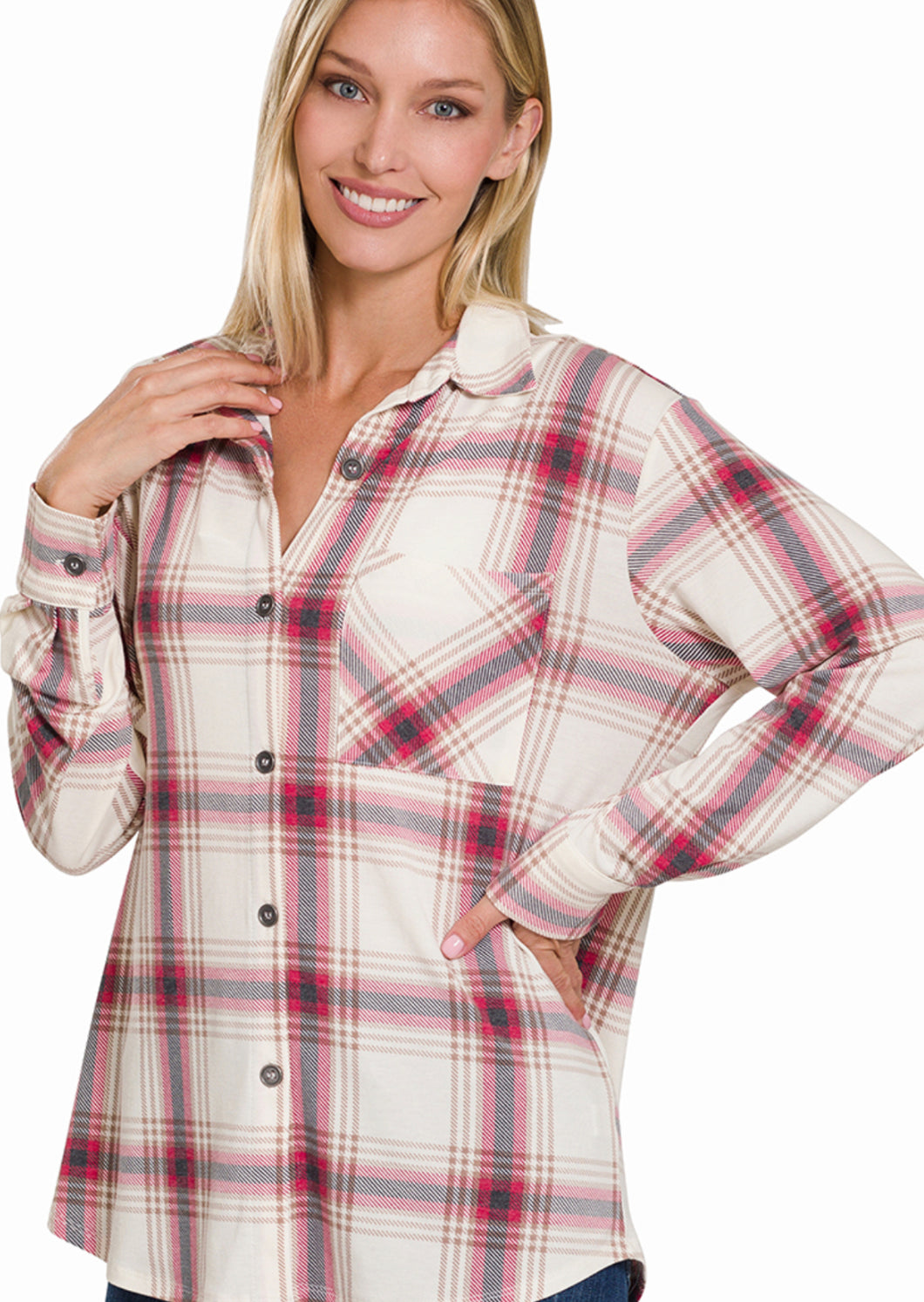 Plaid shacket with front pocket